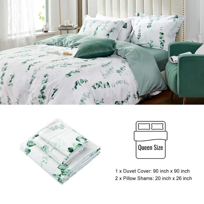MILDLY Duvet Cover Set, 100% Long Staple Cotton Green Eucalyptus Round Leaves Plant Pattern White Summer Comforter Cover Set 3pcs - Image 4